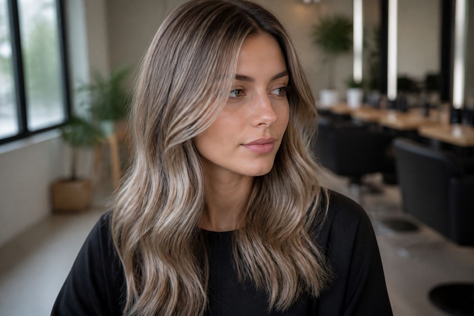 Soft cool brown hair color with muted summer tones